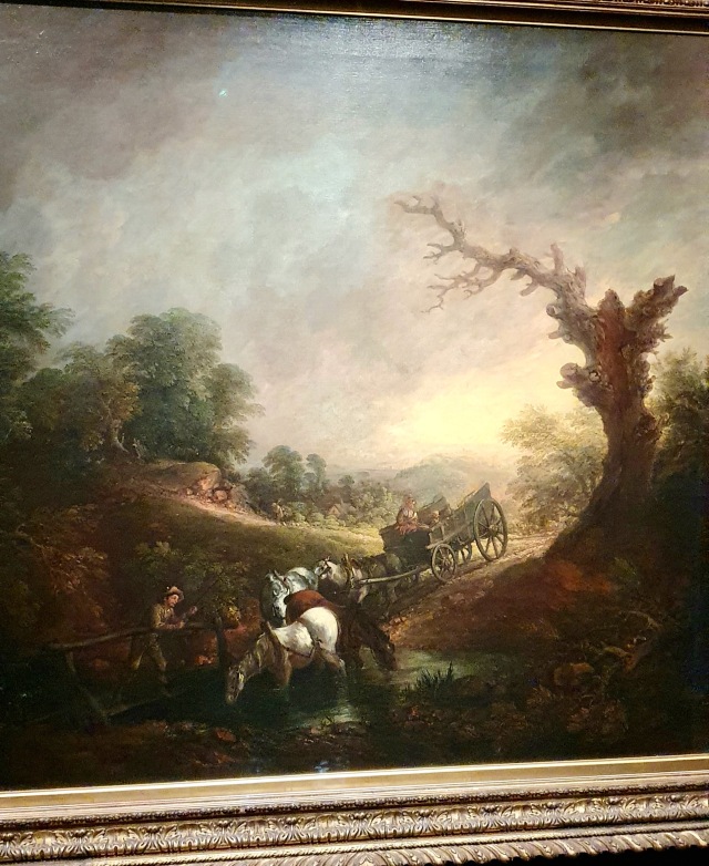 "Beautiful close up of painting of horses and carriage, the horses drinking in the river, a man trying to encourage them on."